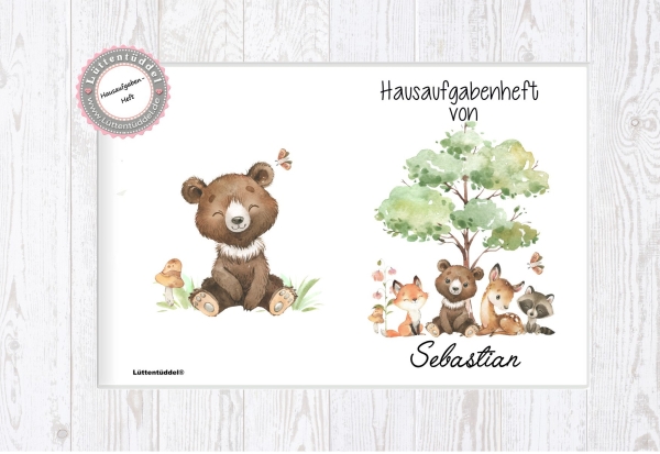 zuckersüßes  Schulheft Umschlag Tiere Bär Reh Fuchs Hausaufgabenheft in hochwertiger Hülle Einschulung Klassenwechsel von Lüttentüddel®